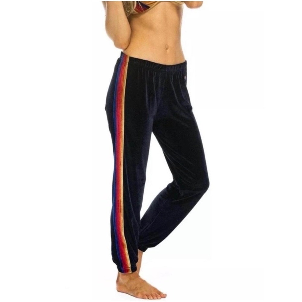 Aviator Nation Black Velvet Rainbow 5 Stripe Jogger Sweatpants Womens XS